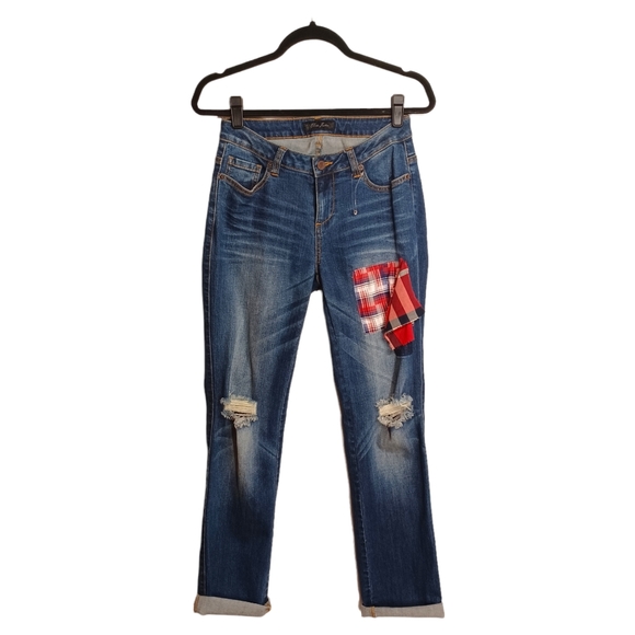 NEW POETIC JUSTICE Red Plaid Print Patch Distressed Straight Leg Blue Jeans 31 - Picture 1 of 7